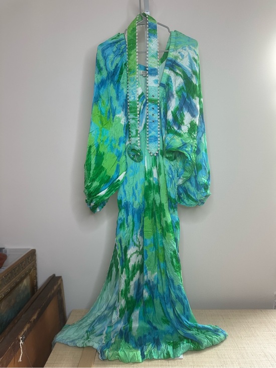 HEMANT & NANDITA Dresses & Skirts - HEMANT & NANDITA Blue Green Abstract Print Maxi Dress with Beaded Neckline